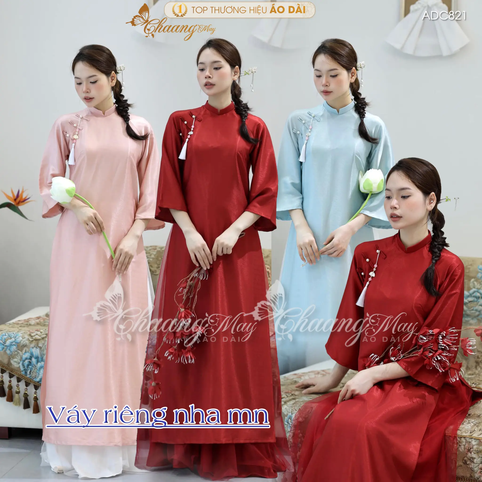 Áo dài Tết pháp phục Việt dáng suông xưa truyền thống Chaang may sẵn ADC821 áo dài đỏ đô dự tiệc cưới hỏi sự kiện lễ chùa đẹp Nữ Women Dress Nhung Ong