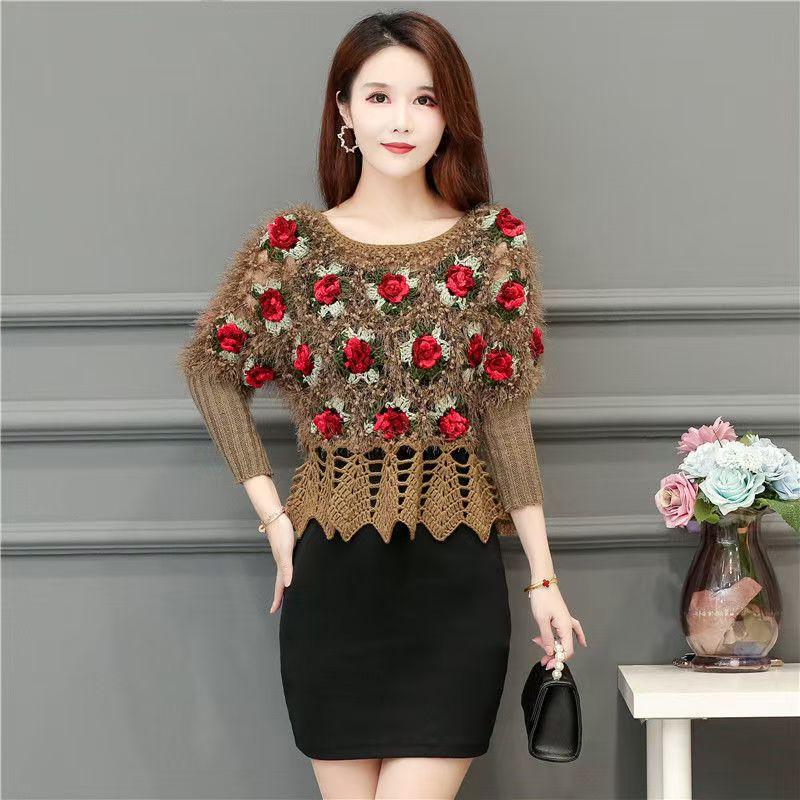 Áo Len Dệt Kim Đan, Tay Áo 3 / 4, Bộ Sưu Tập Mùa Xuân Và Mùa Thu, Hàng Mới Về, Cạp Cao, Jacquard Thời Trang, Cổ Tròn, Kiểu Ngắn, Dáng Rộng Vừa Vặn, Áo Tay Cánh Dơi, Dành Cho Nữ 8