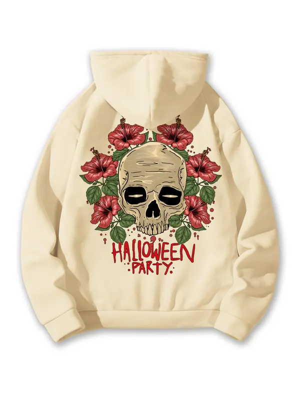 Men's Skull & Floral Print Drop Shoulder Thermal Lined Hoodie, Fashion Casual Drawstring Pocket Hooded Sweatshirt for Daily Holiday Outdoor Wear, Men Clothes for Fall & Winter 5