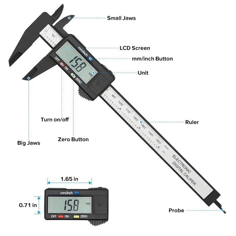 New 150mm Electronic Digital Caliper LCD Screen Conversion in Inches and Millimeters Carbon Fiber Dial Vernier Caliper Plastic Gauge Depth Gauge Micrometer Measuring Tool 5