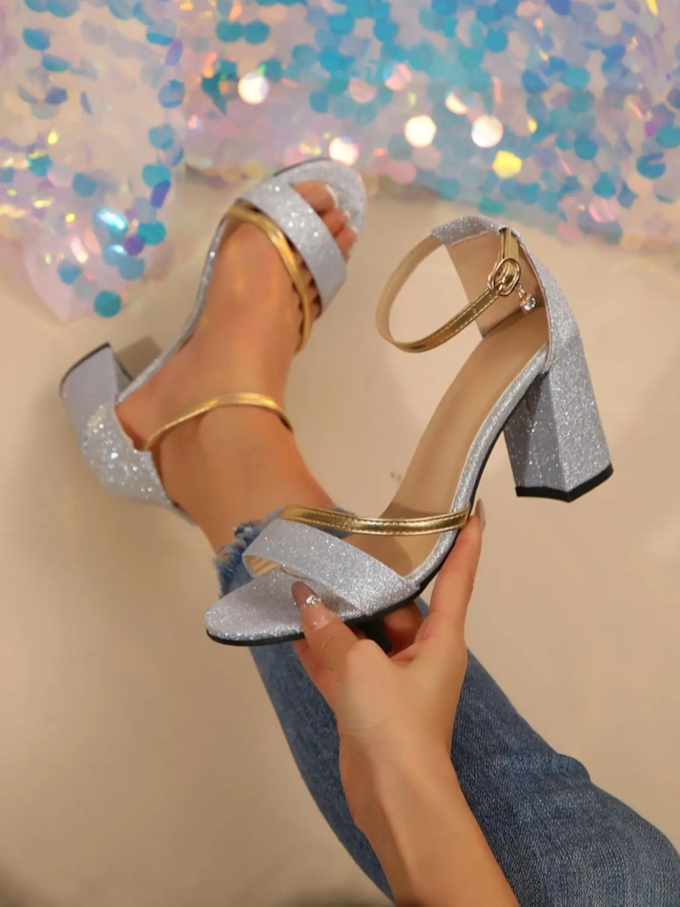 Women's Fashionable Glitter High Heel Sandals, Elegant Sandals for Party, Daily Clothing Decor for Women, Walking Shoes