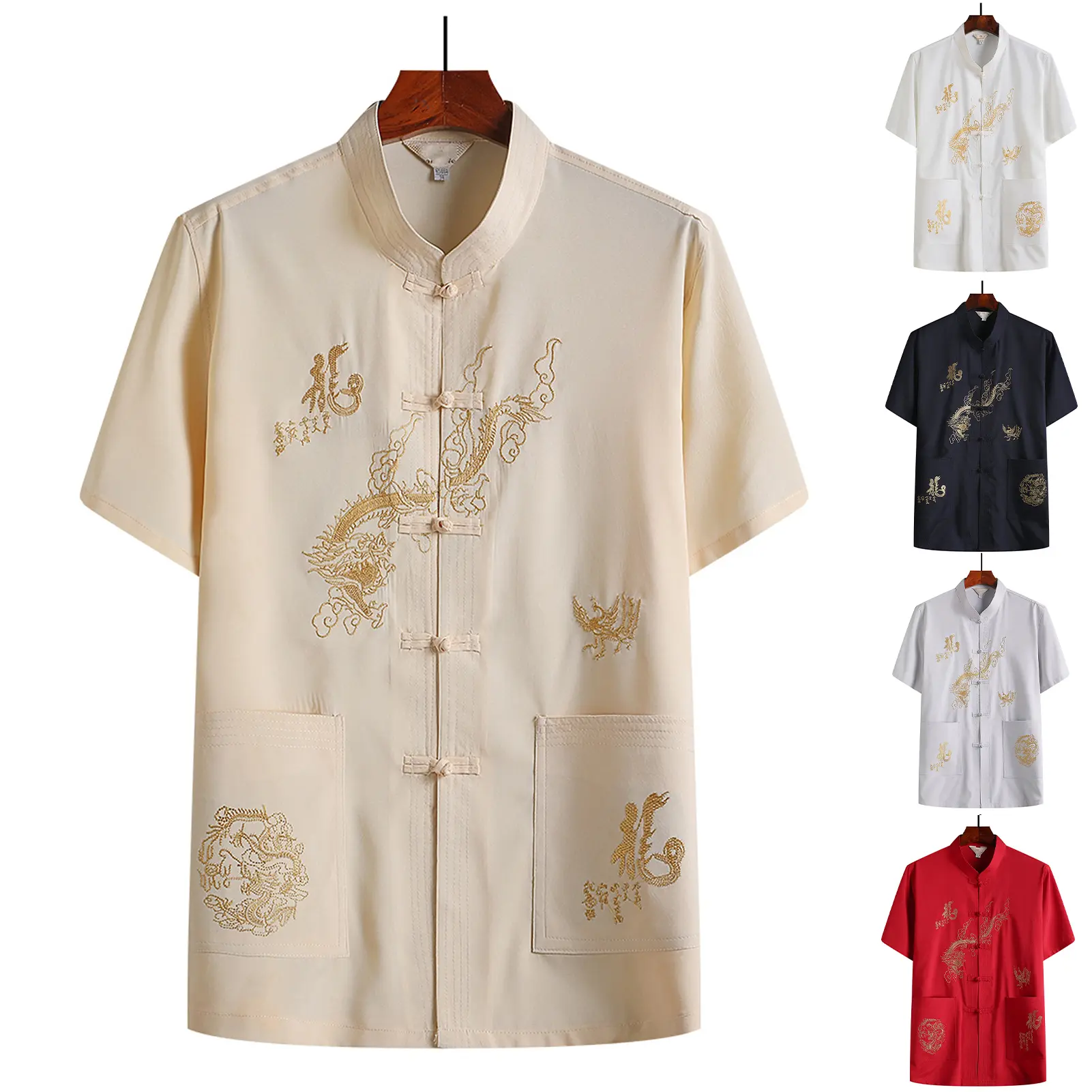 [FGY] Tangs Bộ Đồ Nam, Áo Thêu Rồng Màu Trơn, Cổ Đứng, Tay Ngắn, Mặc Năm Mới, Siêu Mềm, Kung Fu Trung Quốc, Cánh Chun, Quần Áo May Mặc