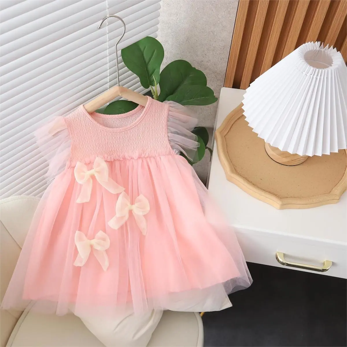Korean Children's Clothing 2025 Summer New Girls' Dress Sweet Flutter Sleeve Princess Dress Stylish Bowknot Mesh Dress