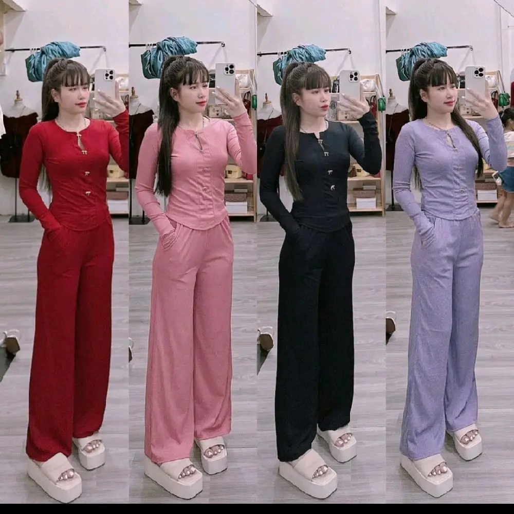 Đồ bộ tay dài cài 4 NƠ quần suông gân tâm lạnh dưới 65kg đỗ về vừa women TOP