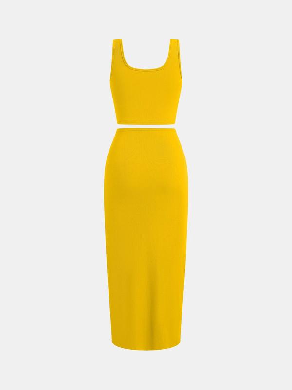 YOZY Solid Ribbed Crop Tank Top & Twist Split Skirt Set, Elegant Square Neck Sleeveless Top & High Waist Bodycon Skirt, 2024 Women's Summer Outfits for Party, Holiday, Vacation 3