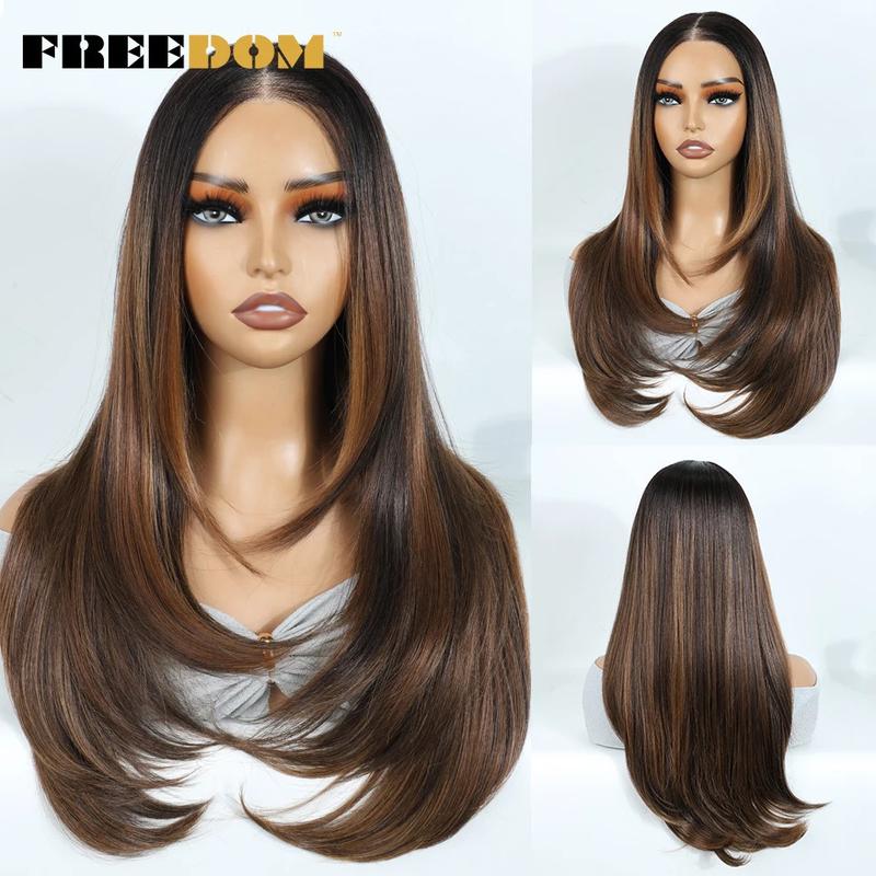 Product Introduction of Synthetic Lace Front Wigs For Black Woman Layered Straight Wear and Go Glueless Wigs Ombre Brown T Part & 6x4 Pre Plucked Wig 4