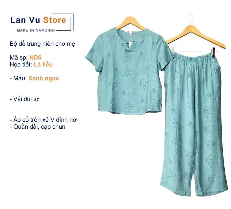 ND6 Bộ cho Mẹ, Bộ Trung Niên, Bộ mặc nhà, LANVU STORE Make in Namdinh, Họa tiết Lá liễu, Áo Cổ tròn xẻ V đính nơ, Quần suông dài 9 tấc có túi, Vải đũi tơ thoáng nhẹ Nữ Women Voi setdongu cute đồ macnha 4