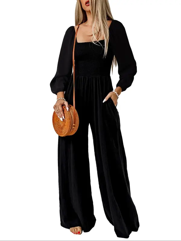 Women's Solid Shirred Bishop Sleeve Square Neck Jumpsuit, Casual Pocket Wide Leg Jumpsuit for Fall, Women's Jumpsuit for Daily Wear 2