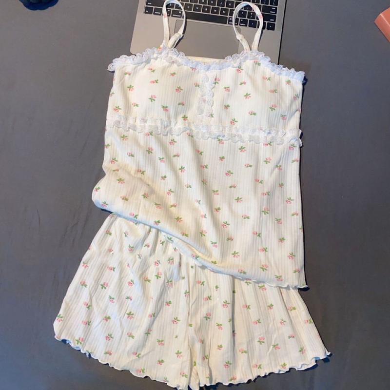 Bộ Đồ Ngủ Quần Đùi Có Dây Đeo, Phong Cách Gợi Cảm, Dành Cho Nữ, Tươi Mới Và Dễ Thương, Phong Cách Công Chúa Ngọt Ngào, Mỏng Với Đệm Ngực, Thích Hợp Mặc Nhà, Bộ Đồ 0