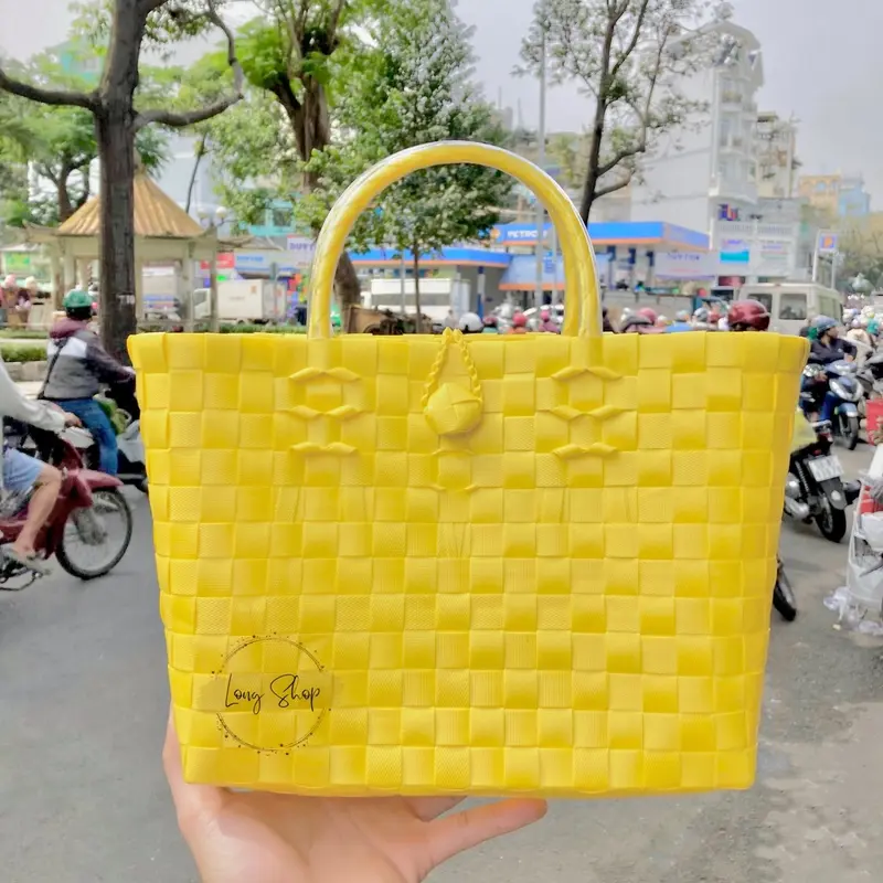 Giỏ nhựa đan tay màu trơn -  Size 7 vừa - Túi xách đan thủ công - Làn nhựa 3