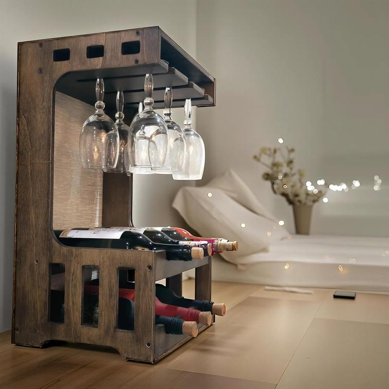 Local shipping-Wine Rack Free Standing | Natural Wooden Wine Racks with Glass Holder - Waterproof 6 Bottle Wine Rack Storage for Home Bar Kitchen - Wall Mountable 5