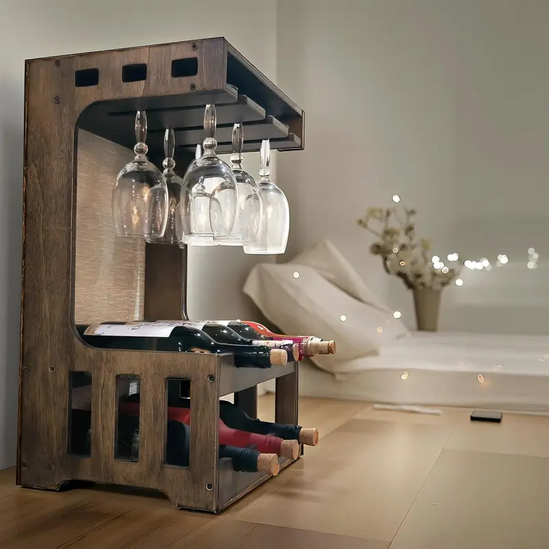Local shipping-Wine Rack Free Standing | Natural Wooden Wine Racks with Glass Holder - Waterproof 6 Bottle Wine Rack Storage for Home Bar Kitchen - Wall Mountable 5
