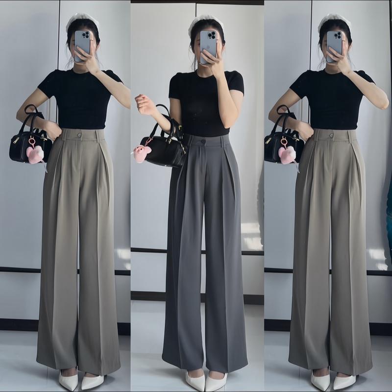  BASIC STORE-Quần Vải Ống Suông 1 Khuy Ly V Đỉa Kép Chất Gold Nhật Cao Cấp Dày Mềm Dài 103cm 