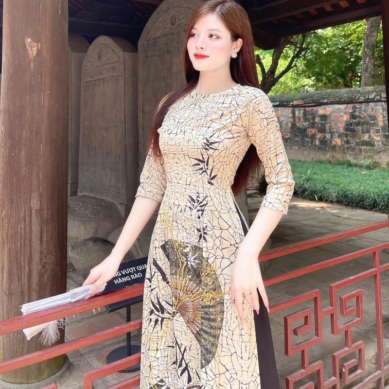 Áo dài lụa nhật in 6D - MÃ LV66 Nữ Women Dress Nhung Sen Kem Voi 5