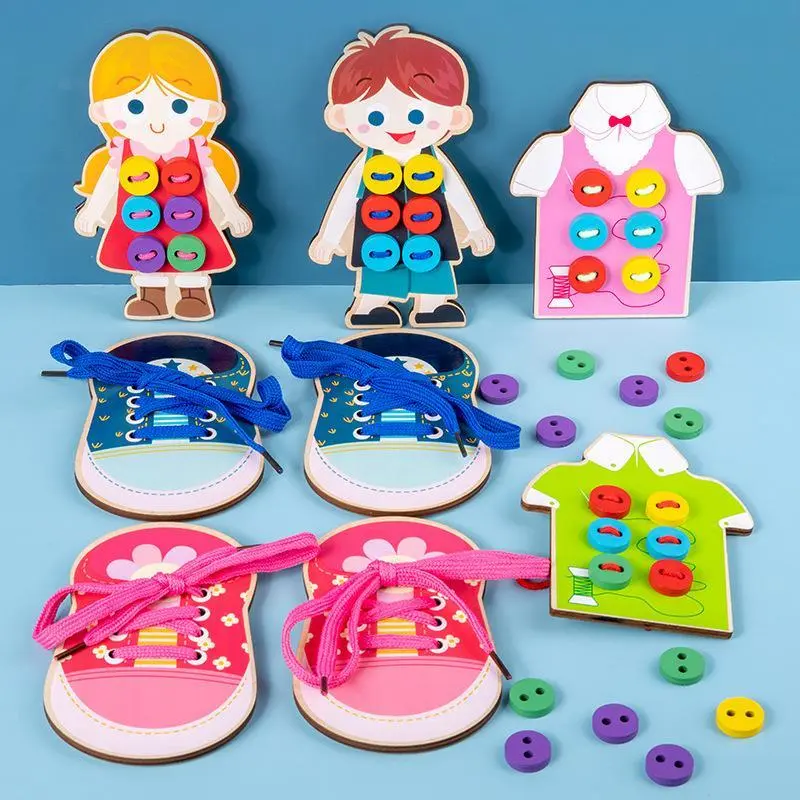 Wooden shoelaces, Montessori teaching aids, rope, thread, button practice, kindergarten children's early childhood education interactive toys