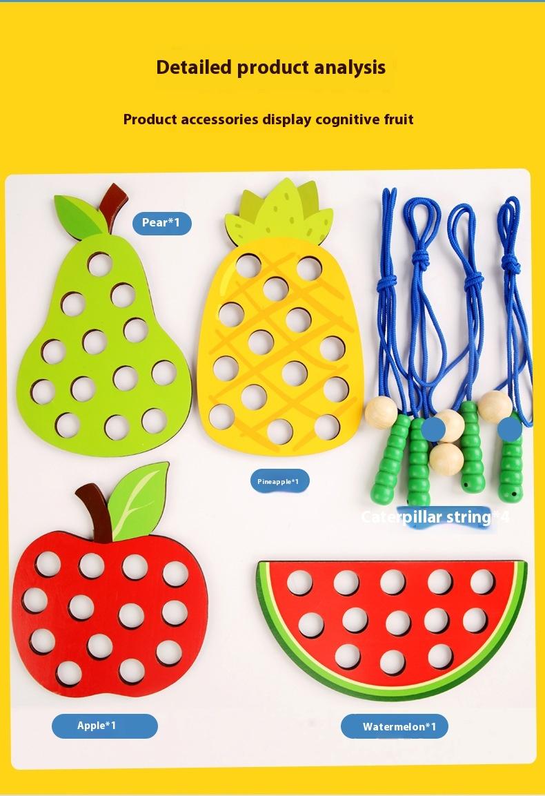 Product Introduction of Wooden Fruit Threading Board Toy Kindergarten Area Put Montessori Early Education String Game 3