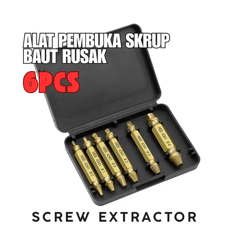 6pcs Tap Balik Screw Extractor Alat Skrup Pembuka Baut Rusak Broken Remover 3