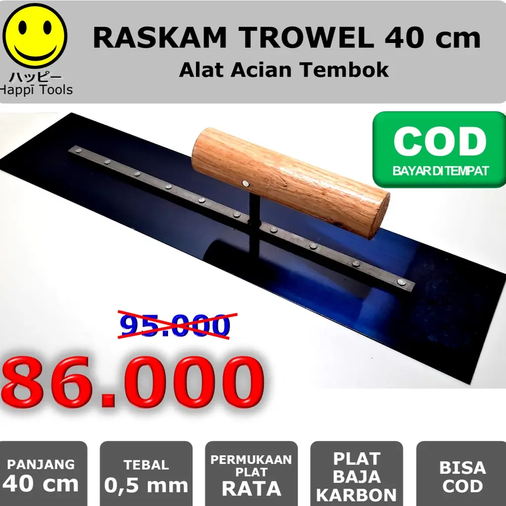READY STOK!!!Raskam Roskam 40 cm Plat Baja Karbon - Trowel Epoxy Epoksi - Alat Acian Tembok - Finishing Plastering Beton Bata Ringan - Happī Tools - Carbon Steel - Flat / Gigi / Bergerigi - Raskam Acian Tembok
