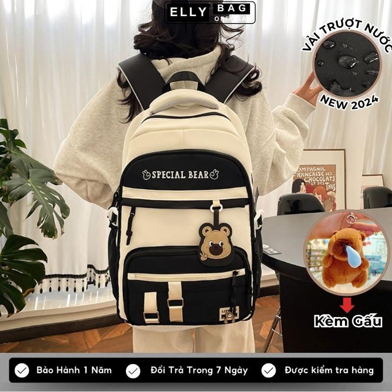 Balo đeo vai đi học nam nữ chống nước ELLY BAG Ba lô vải hình gấu cặp sách nhiều ngăn đựng laptop 15.6inh phong cách hàn quốc B62