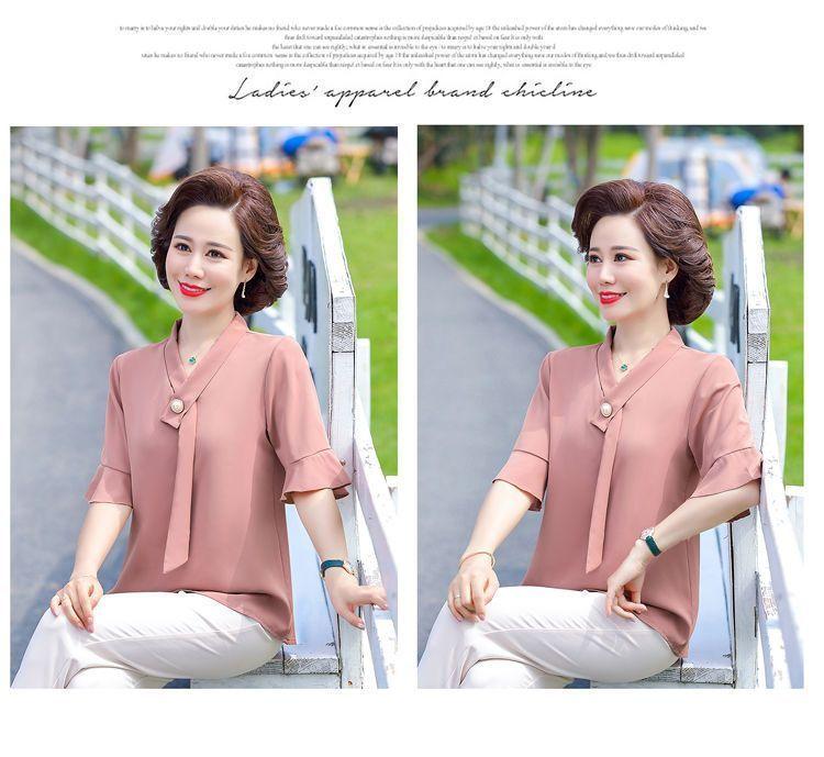 Product Introduction of Áo Phong Cách Phương Tây Ngắn Tay, Quần Áo Cho Mẹ, Thích Hợp Cho Mẹ TRUNG NIÊN Và TRUNG NIÊN, Hàng Mới Về, Dáng Rộng Vừa Vặn, Làm Bằng Voan, 40-50 Tuổi Nữ Top Women Shirt Sơ Mi 12