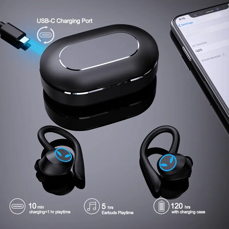 Wireless Earphones Wireless Earbuds 120 Hours Playback Earbuds Stereo Bass Over-Ear Headphones with Ear Hooks Microphone, Suitable for Sports/Workout/Gym/Running, Black 2