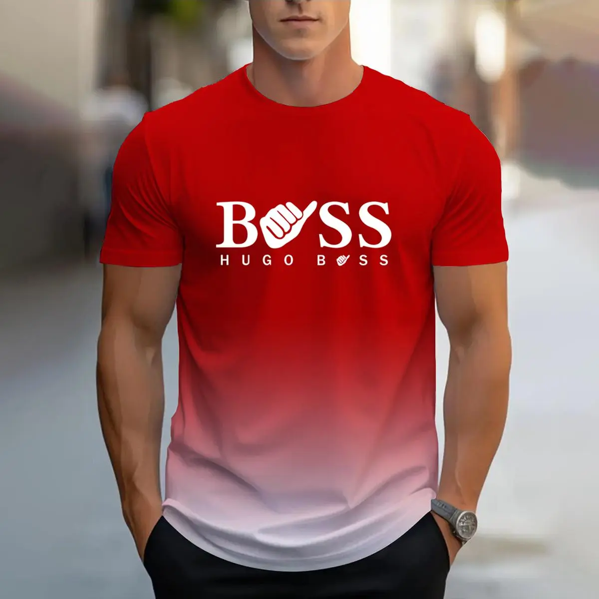 2024 Summer Men's Polyester Short Sleeve Summer Loose Size Alphanumeric Print Gradient Design Men's Top Hot Selling Red