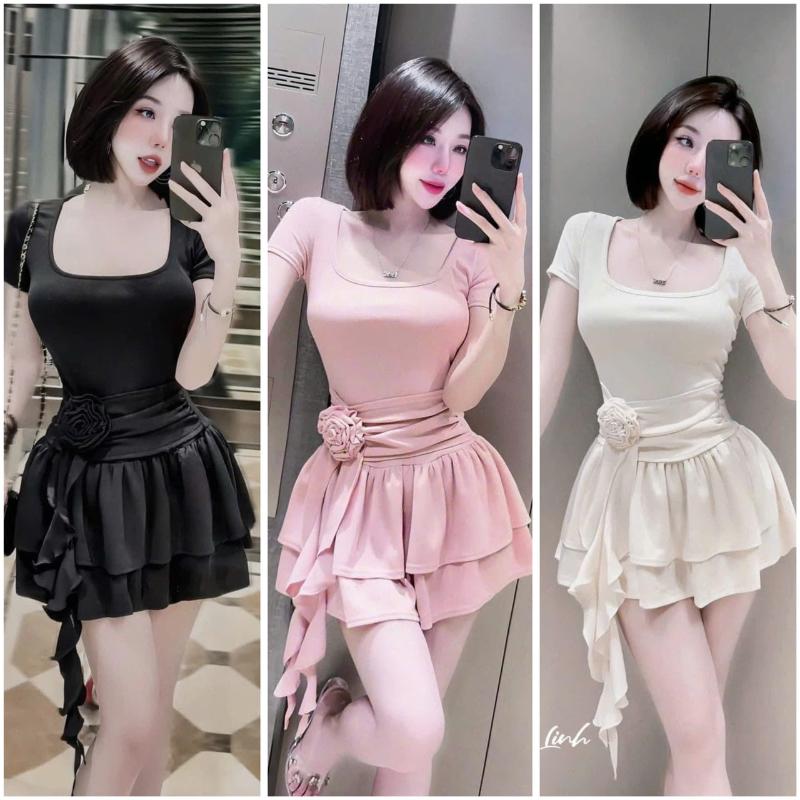 Váy Body Nữ Dáng Ngắn Chân Váy Xếp Tầng Siêu Xinh LOTENA D161 Đầm Body Ngắn Tay Cổ Vuông Nhúm Eo Che Bụng Dưới Cực Đỉnh