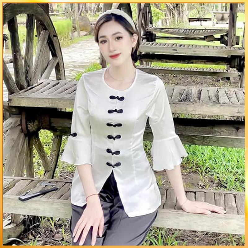 Đồ Lam Nữ Đi Chùa Nữ - Thiết Kế Vải Lụa Ngọc Trai Tay Ngắn Xòe Trắng Phối Nút Tàu Đen, Quần Ống Rộng ( Kèm Quần Đen) AL041 Áo Top Jean Thun Kem Women Polo