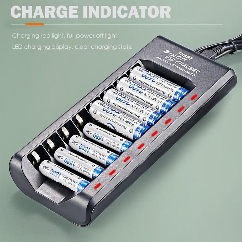 Bộ sạc pin 5V 2A, sạc nhanh, dành cho pin AA / AAA, với 5 / 8 khe cắm, bộ sạc USB 1