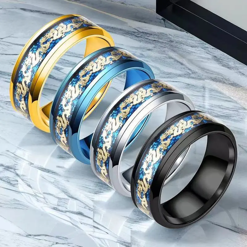 1732027324747516729 Nhẫn Thép Titan Nam, Phong Cách INS Cao Cấp, Không Phai Màu, Thiết Kế Rồng Trung Quốc, Làm Bằng Thép Không Gỉ, Có Thể Dùng Làm Trang Trí, Vòng Tay Nhẫn xoay phối xích bằng thép titan không gỉ màu vàng/đen/xanh/bạc phong cách rock punk