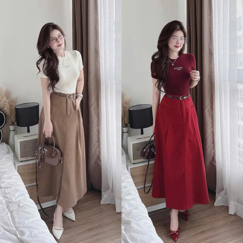 Set bộ nữ áo thun tay ngắn xinh xắn phối chân váy kaki dài sang chảnh kèm dây nịt - Kem - Women