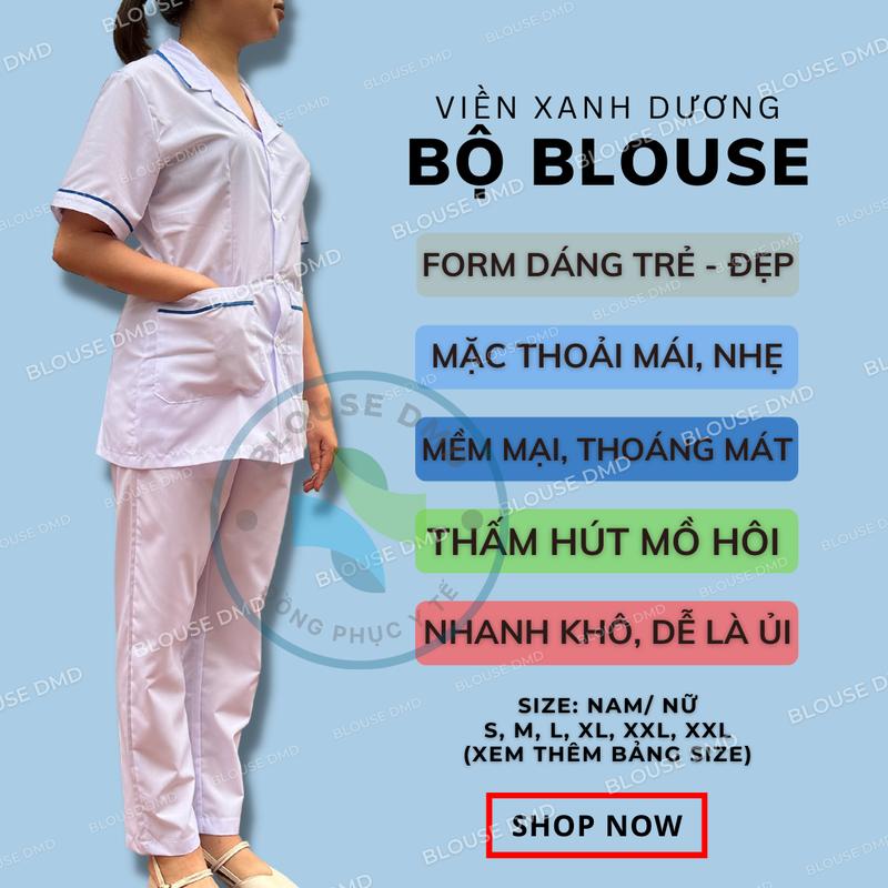 Bộ quần áo blouse trắng Điều dưỡng Dược sĩ Y tá Thực tập sinh nam nữ cộc tay có viền xanh Top