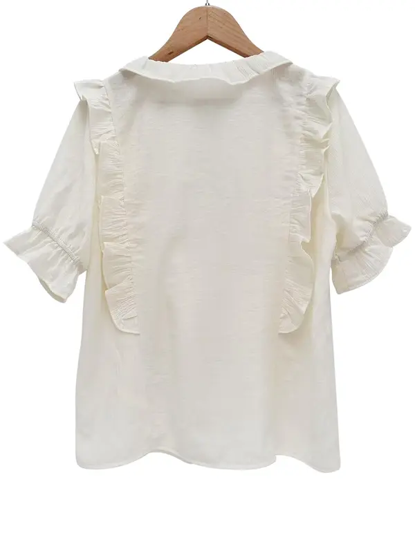 Women's Plain Ruffle Trim Peplum Blouse, Minimalist Casual Round Neck Short Sleeve Top for Summer, Women's Clothing for Daily Wear 1