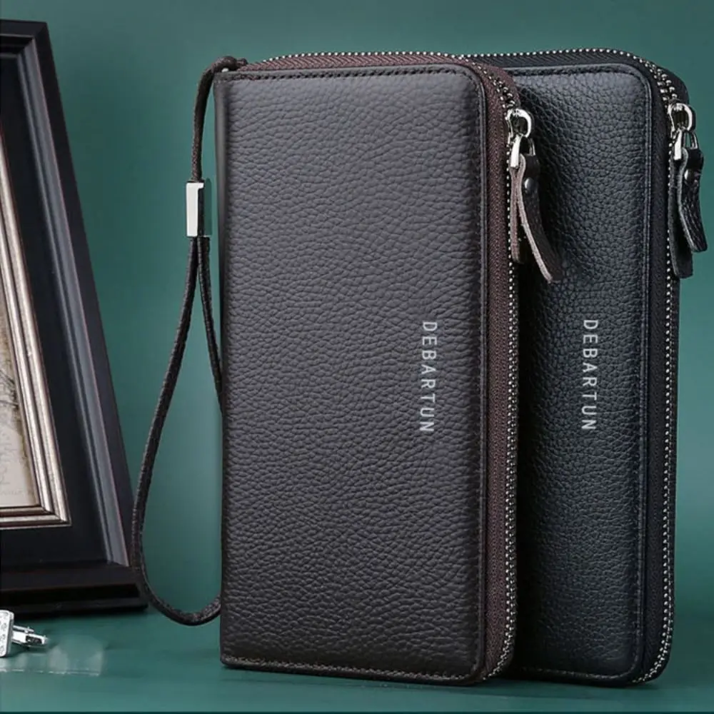 New PU Leather Men Long Wallet Large Capacity Solid Color Card Holder Zipper Phone Bag