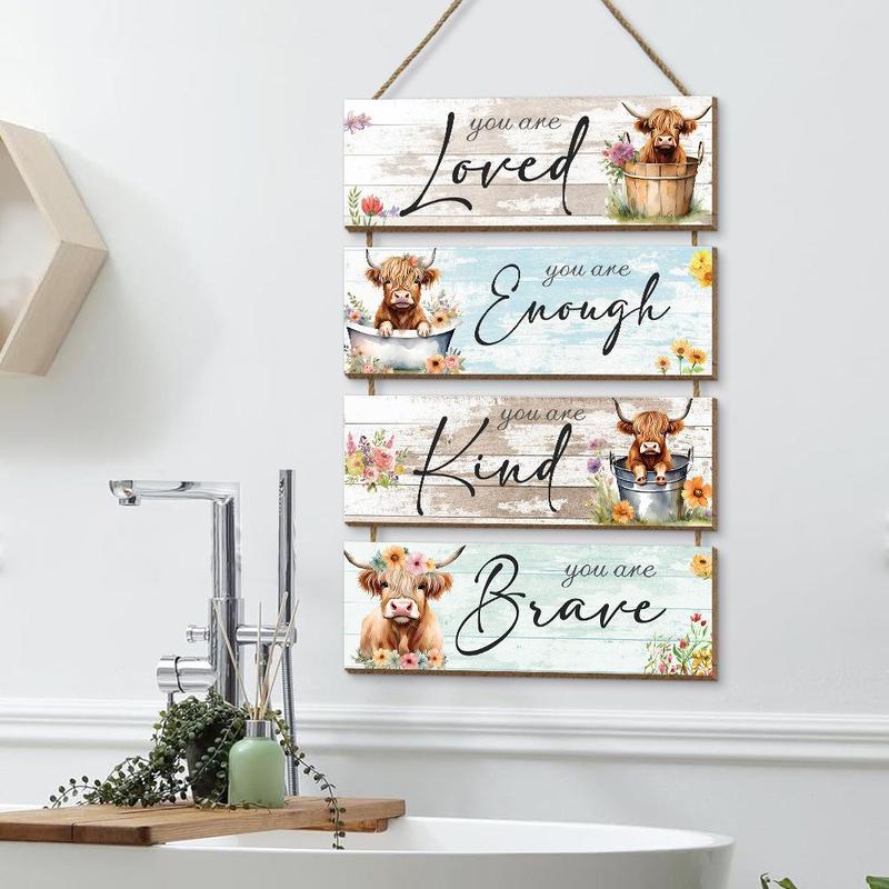 Product Introduction of Highland Cow & Flower & Letter Pattern Wooden Sign, 4 Counts/set Farmhouse Themed Wall Hanging Ornament, Wall Decor for Home Living Room Bedroom Kitchen 2