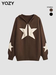 YOZY Women's Star Pattern Zip Up Hoodie Cardigan, Casual Long Sleeve Drop Shoulder Outwear for Fall & Winter, Fashion Ladies' Knitwear for Daily Wear