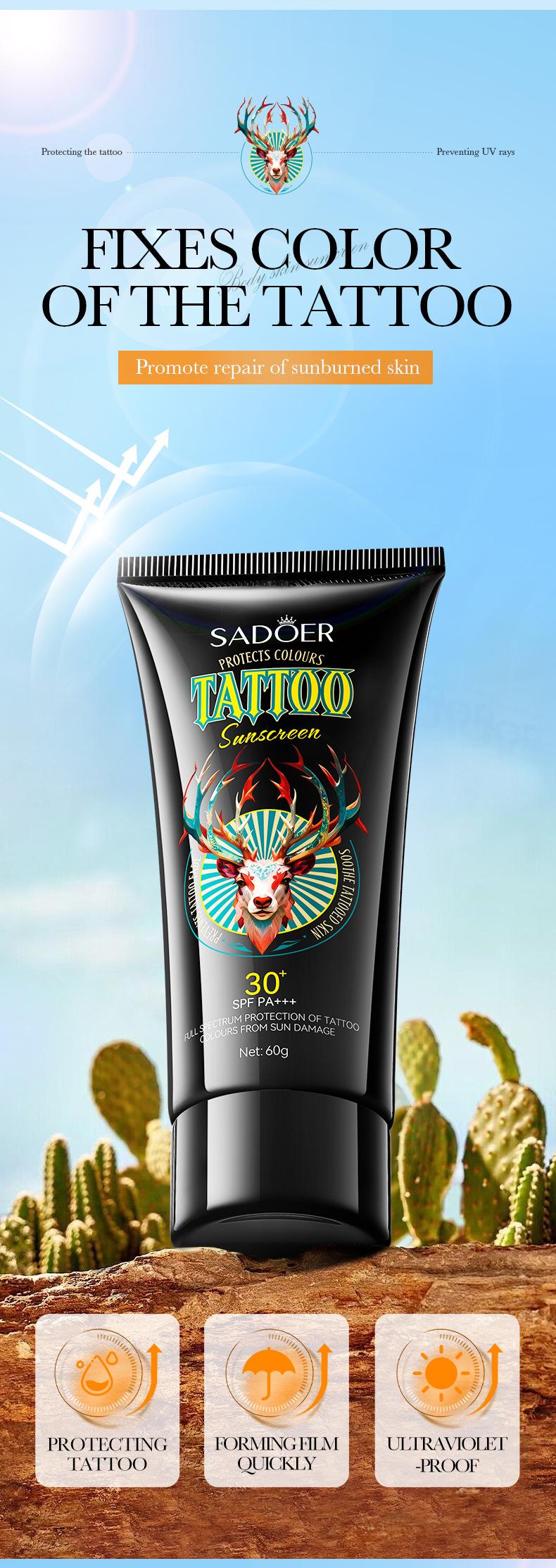 Product Introduction of 60g Tattoo Protects Colors Sunscreen SPF30+ PA+++ Protecting Tattoo Skins Full Spectrum Protection Soothing Moisturize Ultraviolet-Proof  Waterproof Body Care 3