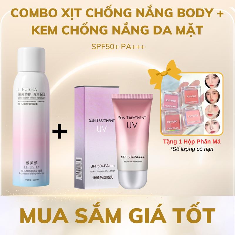 COMBO Kem Chống Nắng Da Mặt Và Xịt Chống Nắng Body SPF50+ Sunscreen Chăm Sóc Da ChốNg NắNg Skincare Serum