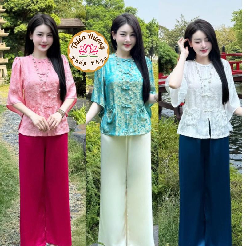  Đồ bộ đi chùa cổ tròn khuy tết lụa gấm tằm Pháp phục nữ tay cánh tiên cách tân Đồ lam đi chùa đính nơ cách điệu Lụa mềm mịn 