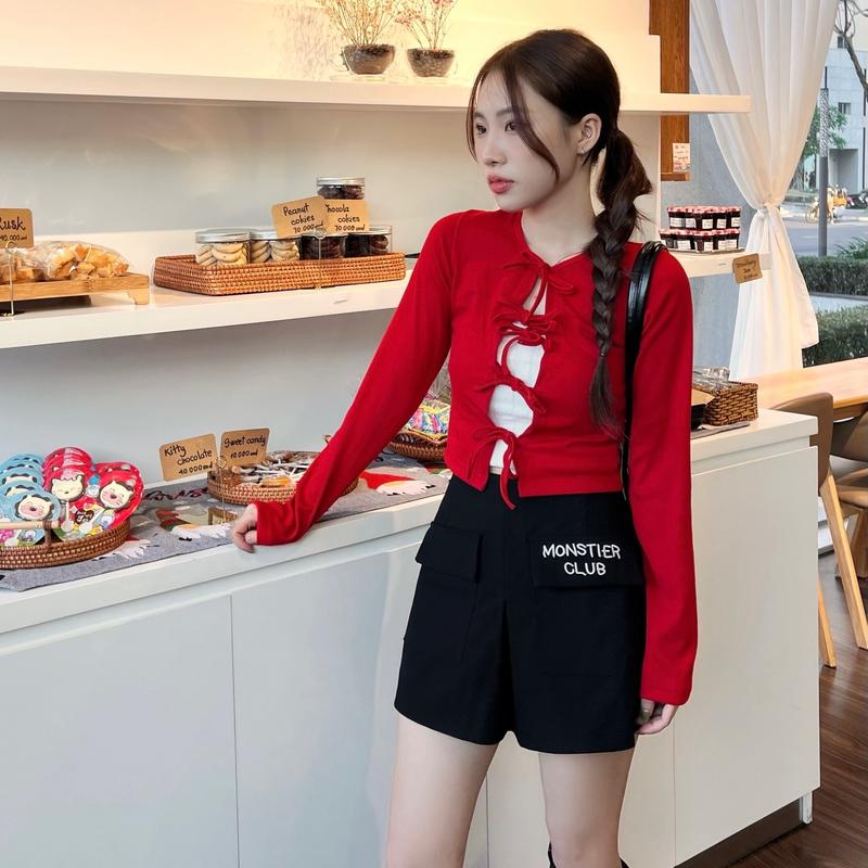 Áo Khoác Cardigan Nữ Tay Dài Croptop Cột Nơ Xinh Xắn Màu Đỏ Giáng Sinh -Tết - Monstier Classic Bow Top 7