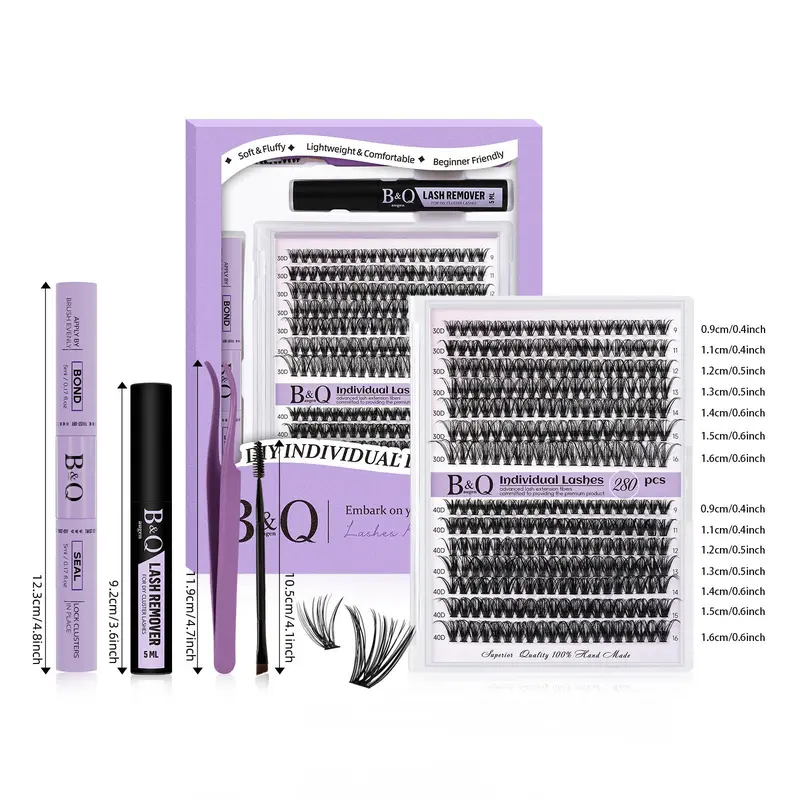 B&Qaugen DIY Lash Extension Kit, 280pcs 30D+40D Individual Lashes Cluster D Curl 9-16mm Eyelash Extension Kit, Waterproof Lash Clusters with Lash Bond and Seal, Glue Remover and Lash Tweezer For Girl Makeup, Christmas Gift 1
