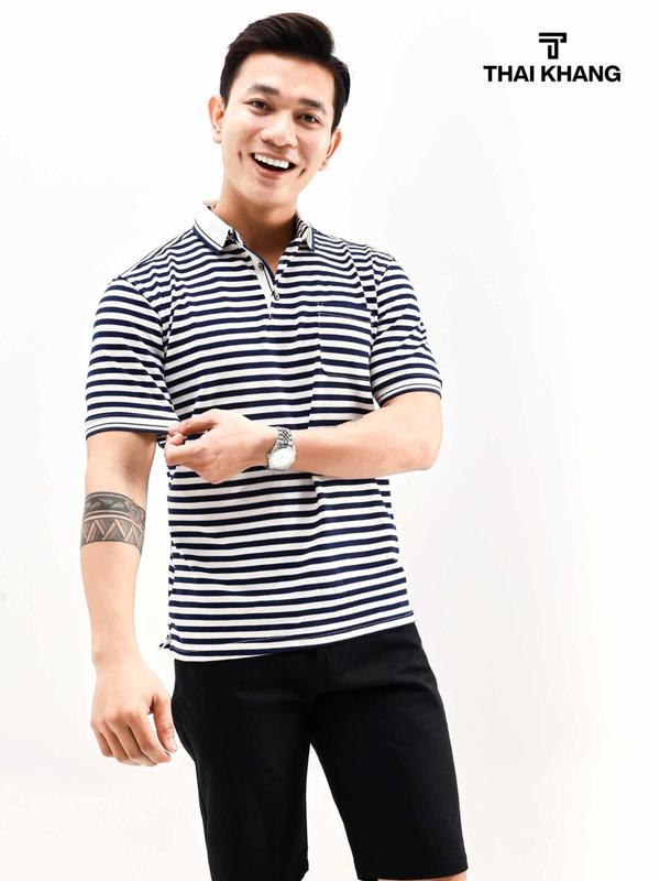 Áo polo nam THÁI KHANG áo polo cổ bẻ ngắn tay sọc ngang chất liệu cá sấu thấm hút mồ hôi APOLO12 Menswear Top Áo Thun Có Cổ Shirt Sọc Kẻ Cộc Tay Tay Ngắn