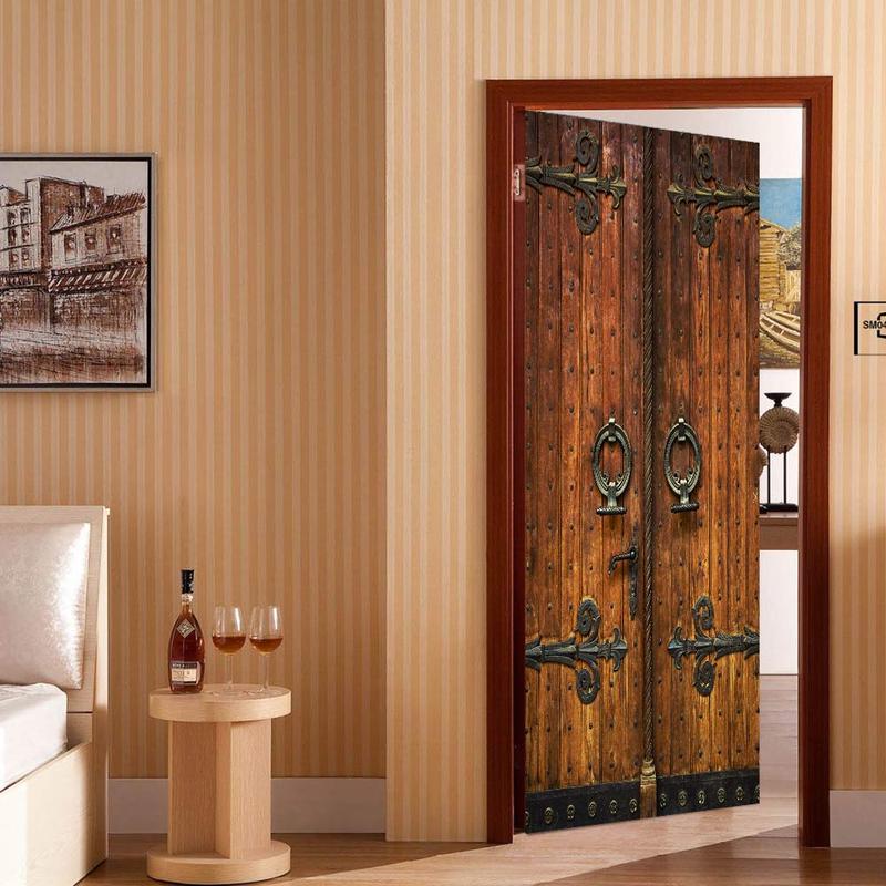 Vintage Door Pattern Door Sticker, 2pcs/set Removable Waterproof Door Sticker, Self-adhesive Wall Decal, Wall Decor for Home Living Room Bedroom, Home Decor 4