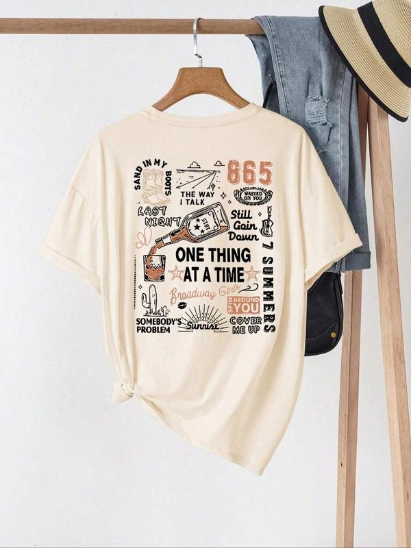 Women's Plain/Letter Print Round Neck Tee, Casual Graphic Short Sleeve T-shirt For Daily Wear, Ladies Summer Outfit 4