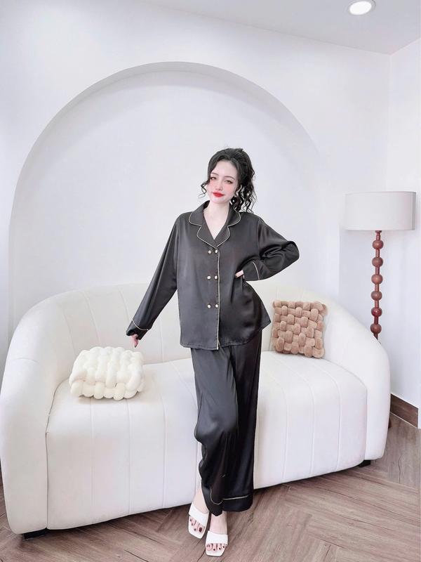 Đồ Bộ Pijama Dành Cho Nữ Lụa Latin Tơ Tằm Tay Dài Dài Tay In Màu Trơn Đen Cổ Vest 6 Cúc Bọc Vải Size 45kg-60kg 61kg-75kg Bigsize Voi Nhung