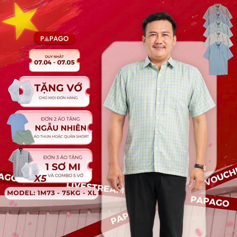 Áo sơ mi nam trung niên PAPAGO tay ngắn lai ngang vải đũi kẻ sọc caro nhỏ - P23SNCR001