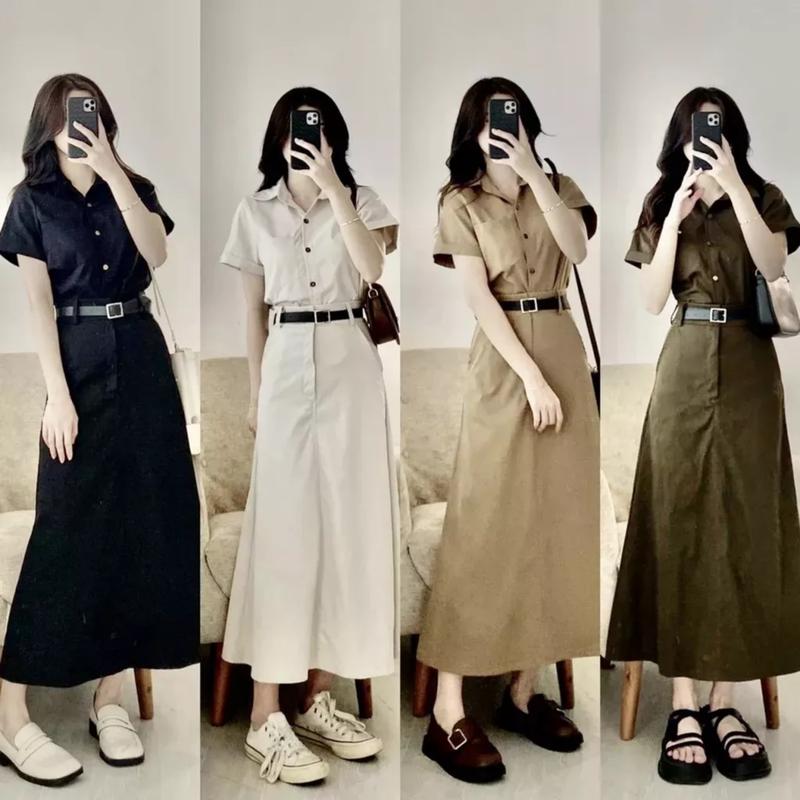 Set áo sơ mi cộc tay kaki mềm chân váy dáng dài kèm đai set 3 chi tiết áo sơ mi chân váy dáng dài kèm đai phong cách ulzzang 4