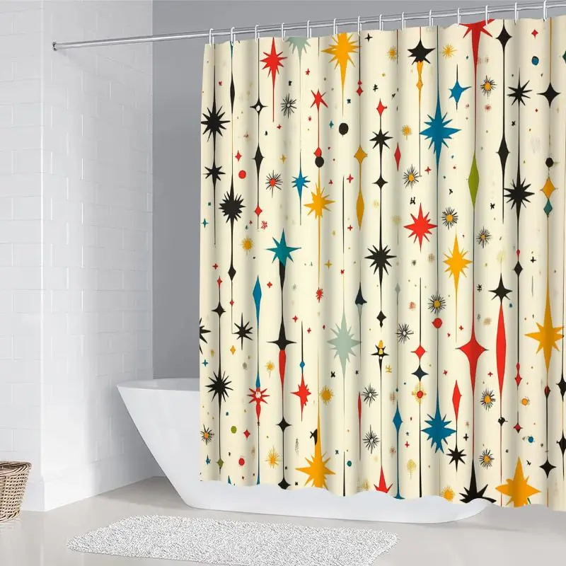 Star Print Shower Curtain Set, 1/4 Counts Including Shower Curtain & U-shaped Mat & Toilet Lid Cover & Bath Mat, Bathroom Accessories with Hooks 4