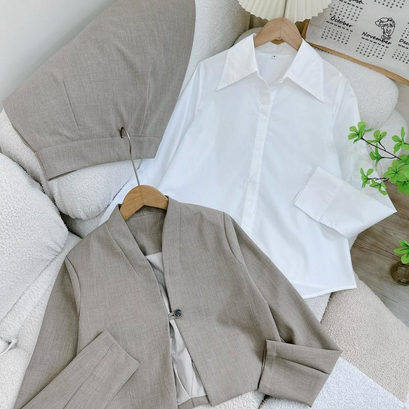 [Kim Clothing] Set 3 món áo sơ mi tay dài cổ bẻ + áo blazer croptop gài nút + chân váy bút chì 4