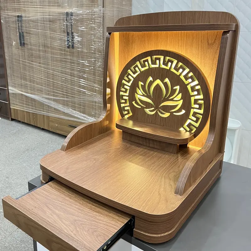 ( Có Đèn Led Sẵn ) BÀN THỜ THẦN TÀI THỔ ĐỊA HOA SEN VIỀN GỖ NÂU 1